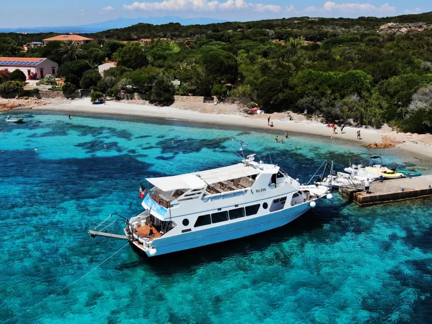 Boat moored in a sheltered La Maddalena bay