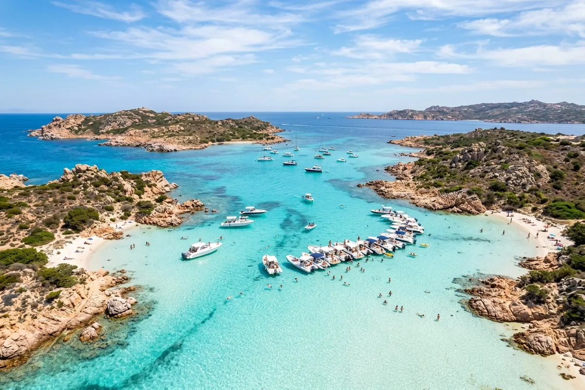 The lagoon at Porto della Madonna — boats raft up over white sand in barely chest-deep, almost tropical turquoise water.